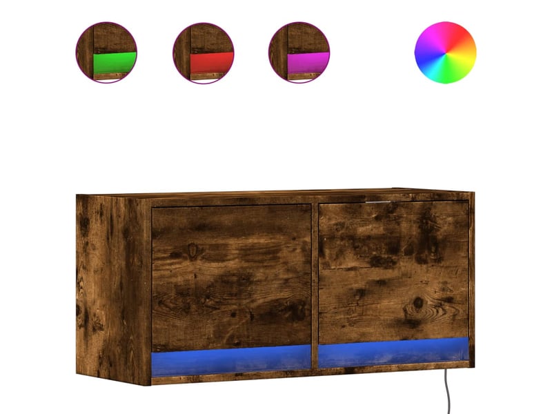  Meuble tv - banc tv - meuble de rangement mural avec lumières led chêne fumé 80x31x35 cm  - Conforama A