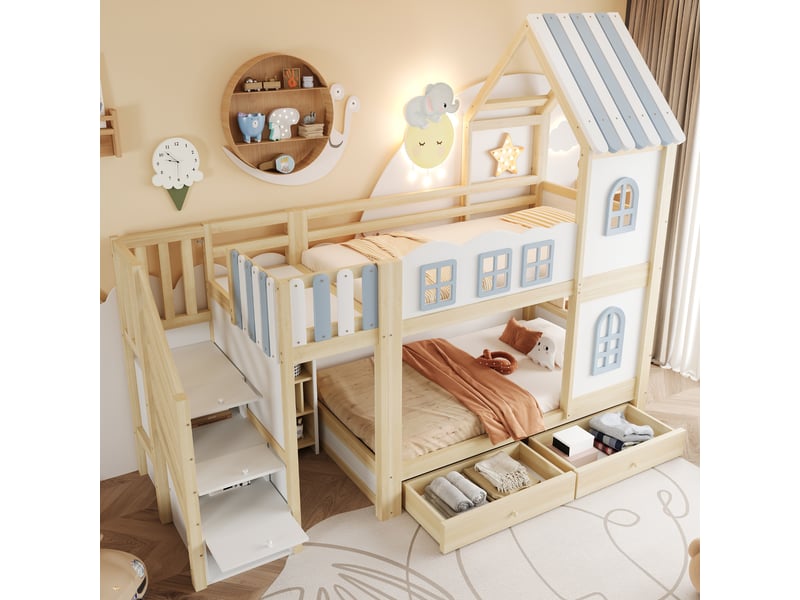  Lit superposé 90x200 cm, lit enfant, tiroirs, étagères, échelle sécurisée, motif nuage, bois gris, blanc, bois naturel  - Conforama C