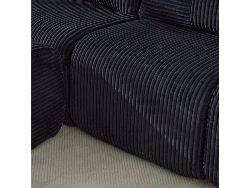 Canapé modulaire 2 places en velours côtelé noir avec poufs, porte-gobelets et poche latérale de rangement  - Conforama D