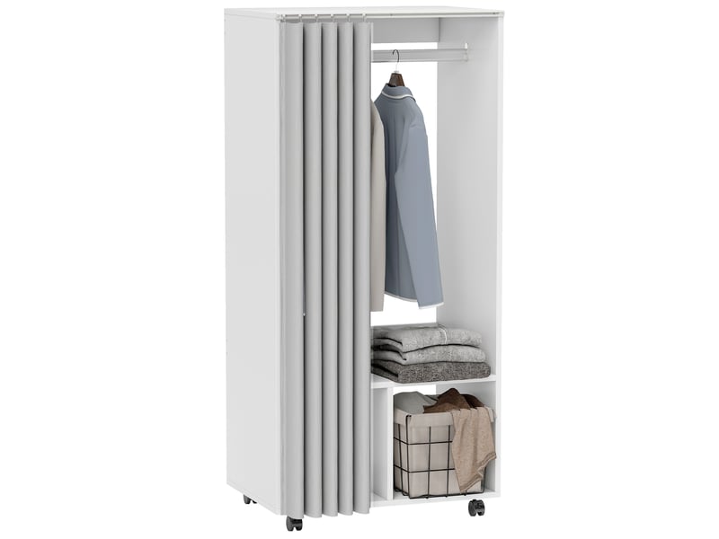  Armoire à roulettes avec tringle à rideaux et penderie, 2 compartiments pour la chambre, 60 x 40 x 128 cm, blanche  - Conforama A