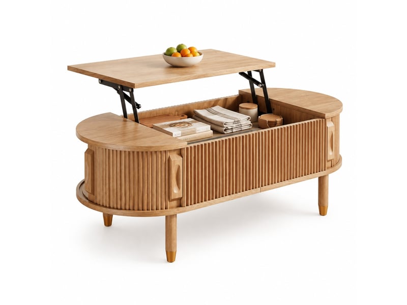 Table basse ovale,110x48x57 cm,avec plateau relevable et rangement,mdf,coloris naturel - Conforama A