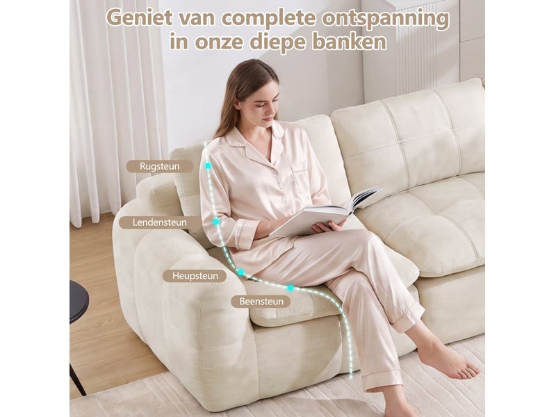  Canapé d’angle modulable 4 places en chenille beige avec ottoman  - Conforama D