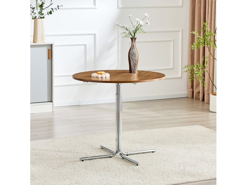  Table de salle à manger ronde fixe en mdf noyer avec piètement en métal chromé et patins antidérapants 85 × 76 cm  - Conforama D