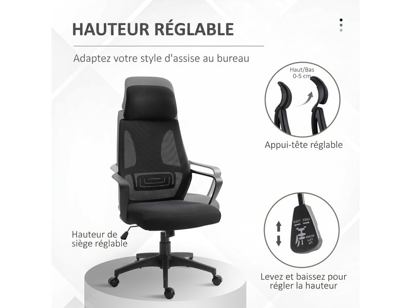  Chaise bureau ergonomique, fauteuil de bureau en maille, appui-tête, hauteur réglable, noir, 64 x 55 x 116-126 cm  - Conforama A