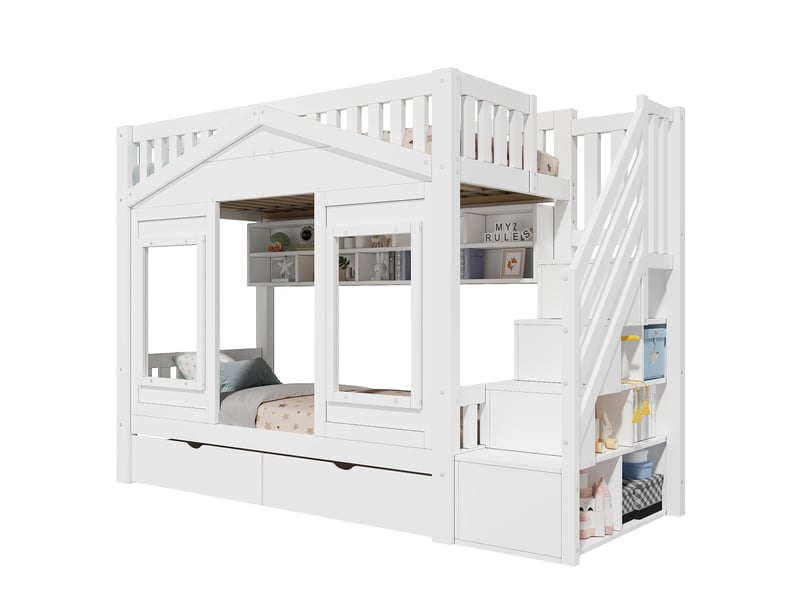  Lit superposé 90x200 cabane avec escalier de rangement et tiroir - bois massif blanc  - Conforama A