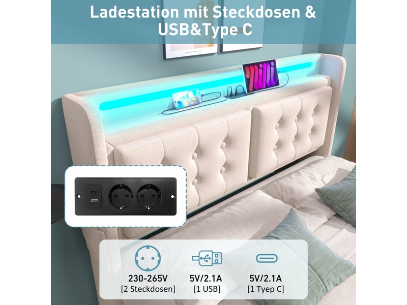  Lit coffre rembourré 160x200 cm avec ouverture hydraulique, led, 2 prises, usb et usb-c, tête de lit avec étagère, sommier à lattes, coton-lin beige Radiant Stride - Conforama E