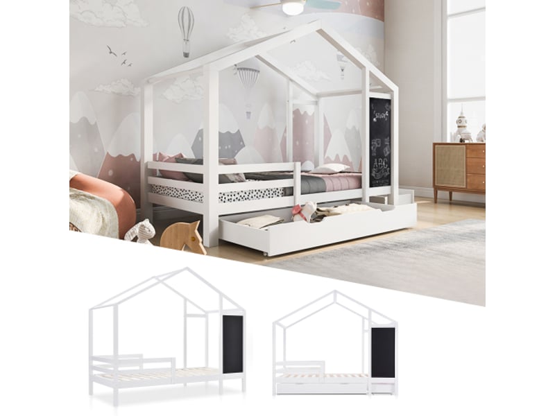 Lit d'enfant 90 x 200 cm en bois avec tableau et 2 tiroirs, bois massif avec barrière et sommier, blanc (sans matelas) - Conforama E