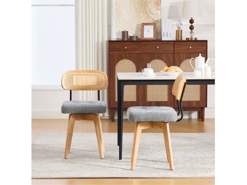  Chaise de salle à manger, lot de 2, pivotante à 360° avec dossier en rotin tressé et assise en chenille grise  - Conforama E