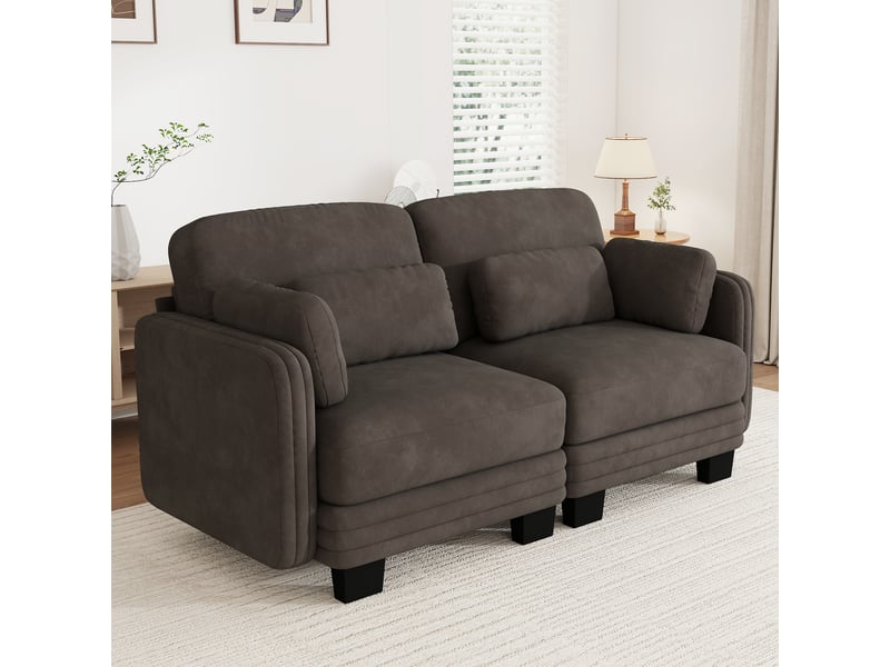  Canapé modulable - 2 places - coussins d'accoudoirs - tissu chenille - structure en bois massif - mobilier de salon - brun CozyNest - Conforama B