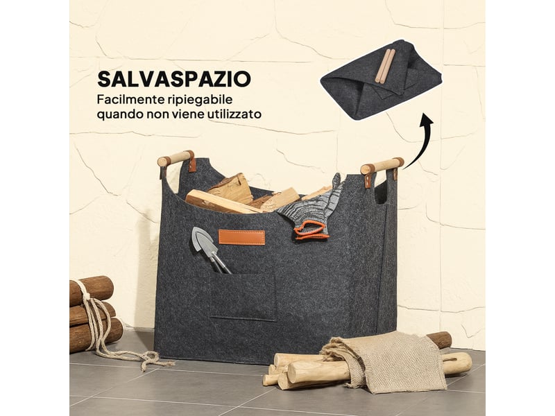 Panier à bûches en feutre pliable 50 l, poignées en bois, charge 15 kg, gris - Conforama W