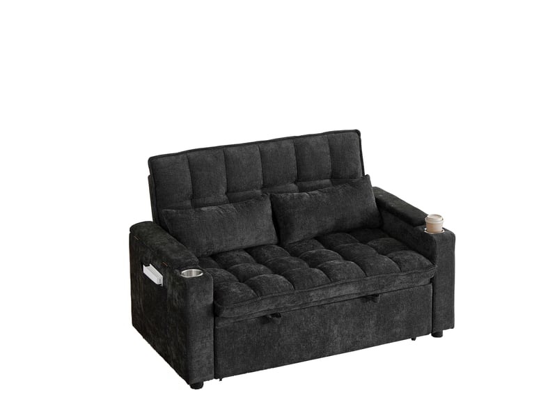  Canapé-lit convertible 2 places 3-en-1 142 × 89 × 89 cm en chenille noire, rangements, poches et 2 porte-gobelets  - Conforama A