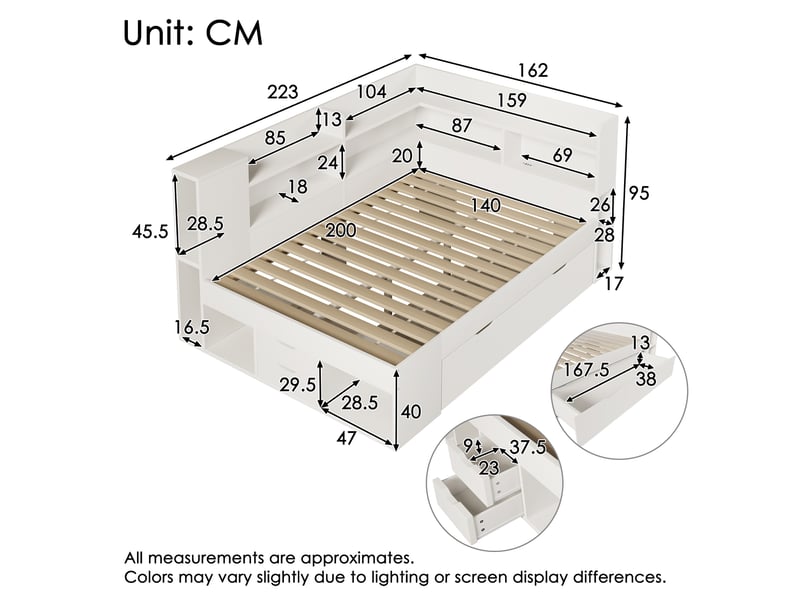  Lit adulte 2 places 140x200 cm bois blanc - éclairage led - usbtype-c - avec rangement  - Conforama C