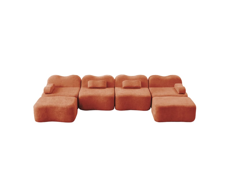 Canapé 4 places avec 2 poufs - 384x167x70 cm - canapé panoramique u velours mousse 32d sans structure 1100kg - orange - Conforama A