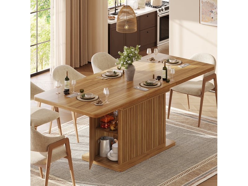 Table à manger extensible 120-160x80 cm avec rangement, aspect bois marron foncé - Conforama E