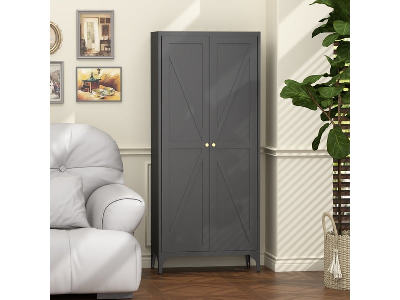 Armoire de rangement avec 2 portes et 4 étagères réglables, fermetures magnétiques, pour cuisine et bureau, en métal, noir, 174,5×42,0×14,0 cm - Conforama B