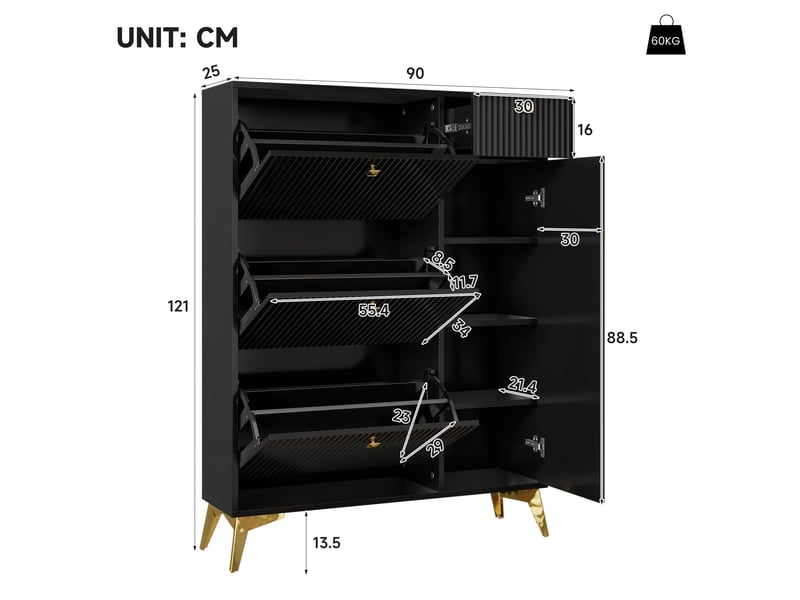  Meuble à chaussures noir 90x25x121 cm, 3 portes pliantes, 1 tiroir intégré, structure panneaux de particules et métal  - Conforama C