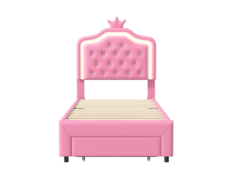  Lit enfant 90x200, lit simple princesse avec led et rangement, tête de lit couronne capitonnée, coloris rose  - Conforama A
