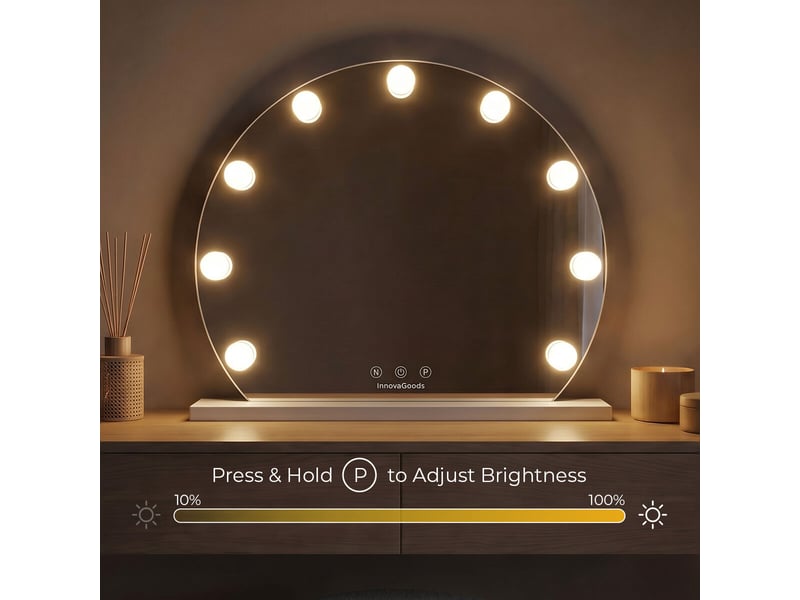  Miroir de coiffeuse hollywood, 9 ampoules led, 3 tons de lumière, intensité réglable, contrôle tactile innovagoods  - Conforama E