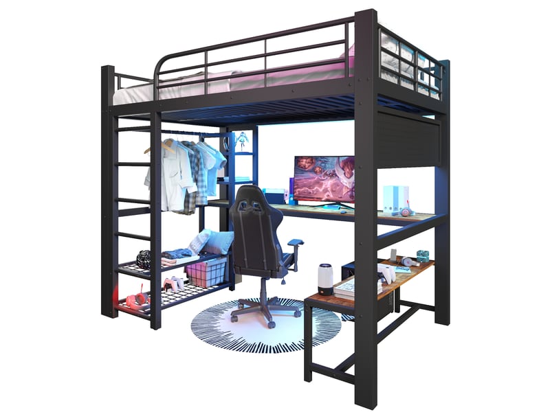 Lit mezzanine 140x200 cm avec bureau, led et rangements coloris noir - Conforama A