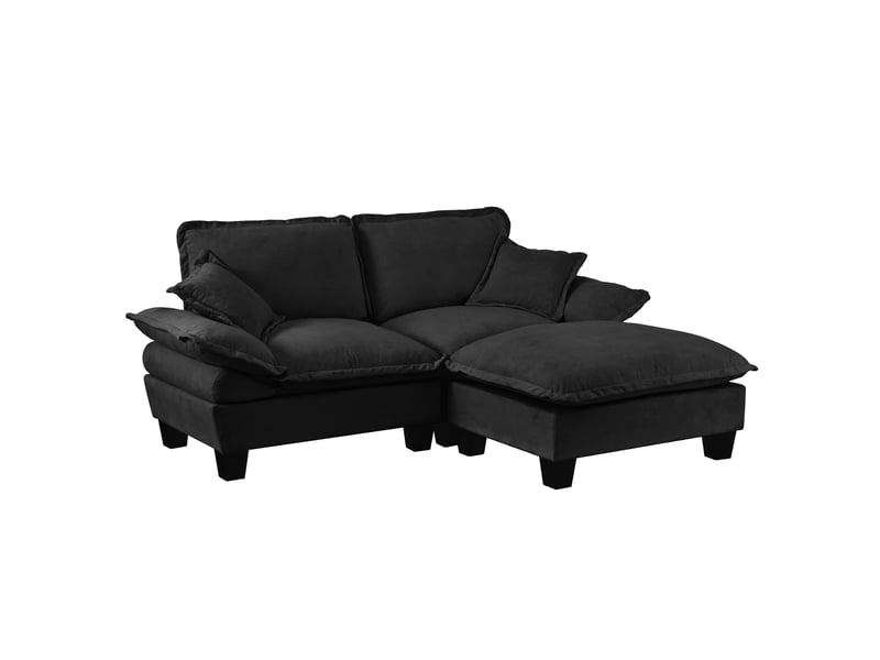 Canapé d’angle modulable 194x155x90 cm, 3 places avec pouf amovible, deux coussins, confort, chenille, noir  - Conforama A