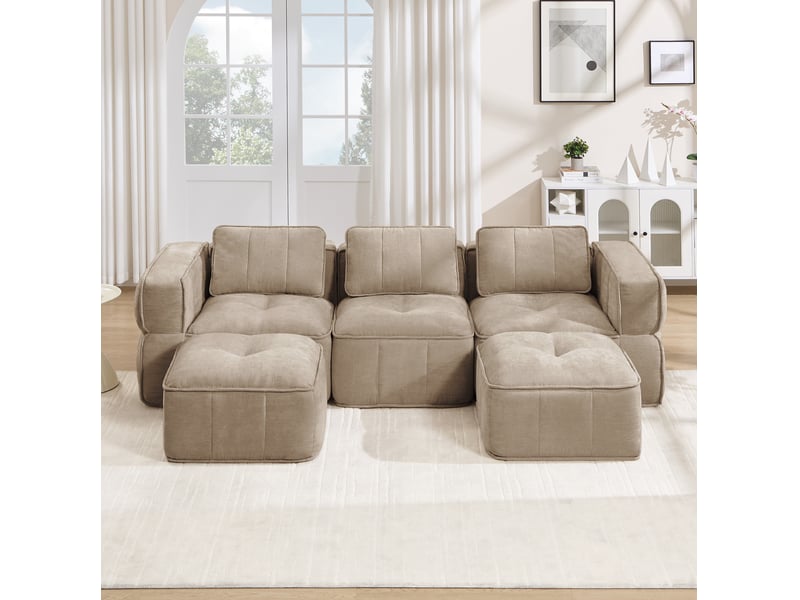 Canapé modulable en u 3 places avec 2 poufs, en polyester beige - Conforama B