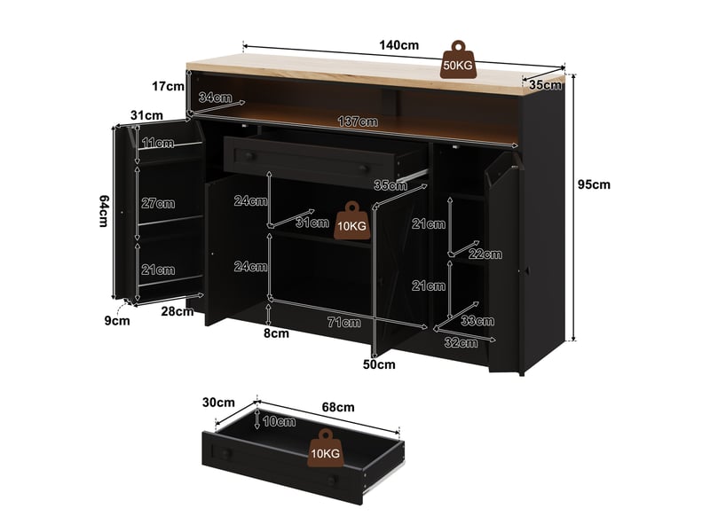 Buffet avec led rgb et avec 4 portes et tiroir, buffet salon 140x35x95 cm en mdf noir, meubles de rangement - Conforama C