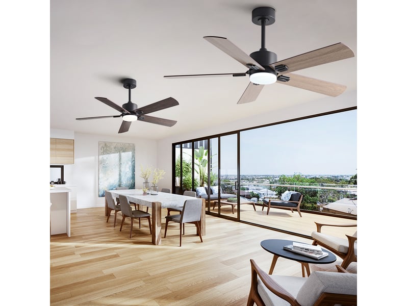  Ventilateur de plafond avec lumière 107x107x45 cm télécommande 6 vitesses réversible métal bois noir et noyer foncé  - Conforama C