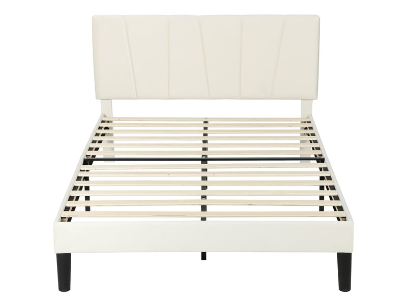  Lit double design graphique velours - tête de lit, pied de lit et sommier - compatible matelas 190x140cm - crème  - Conforama D