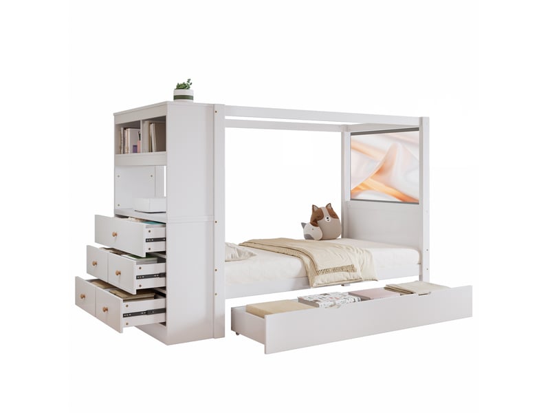  Modenvie lit enfant 90x200 cm - avec rangement, 5 tiroirs et barriere de securite, sans matelas - blanc  - Conforama A