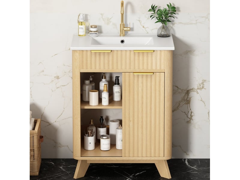  Meuble sous vasque 61x47x90 cm avec lavabo en céramique, 3 tiroirs et porte coulissante  - Conforama B