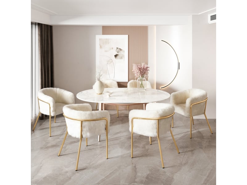  Chaise de salle à manger lot de 4 avec accoudoirs et pieds métalliques, imitation fourrure de lapin blanche  - Conforama D
