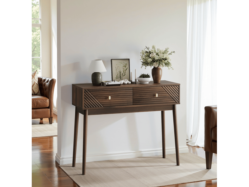  Table console bureau 100x35x80 cm à 2 tiroirs coloris noyer style rétro moderne  - Conforama B