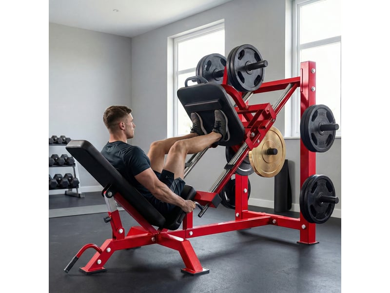  Presse à cuisses professionnelle machine musculation jambes et hack squat 455kg appareil réglable 185x120x140cm rouge  - Conforama C