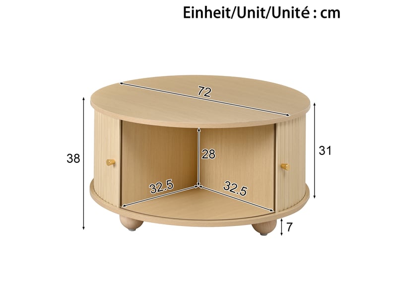  Table basse ronde 72x72x38 cm - table de salon rétro avec 2 portes coulissantes cannelées et 4 compartiments de rangement – mdf - naturel  - Conforama C