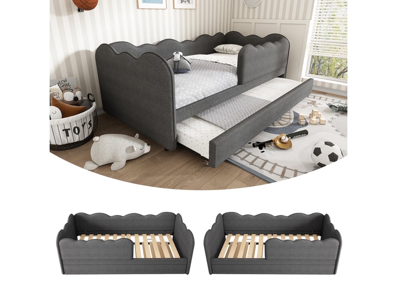  Lit gigogne enfant 190×90 cm avec couchage à tirer, dossier rembourré, sans matelas, en lin gris  - Conforama C