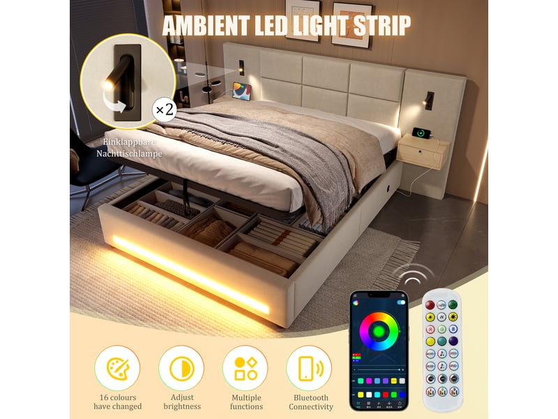 Lit coffre 160x200 cm en velours avec rangement hydraulique - tête de lit avec tiroirs et usb-c - led intégrée - beige - Conforama E