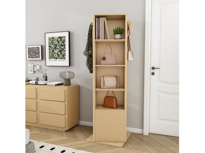  Armoire à bijoux pivotante à 360 degrés avec miroir sur pied, étagères, 6 crochets, décor bois naturel  - Conforama E