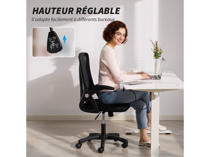 Chaise bureau ergonomique, fauteuil de bureau en maille, accoudoirs relevables, 59,5x56x103cm, hauteur réglable, noir  - Conforama R
