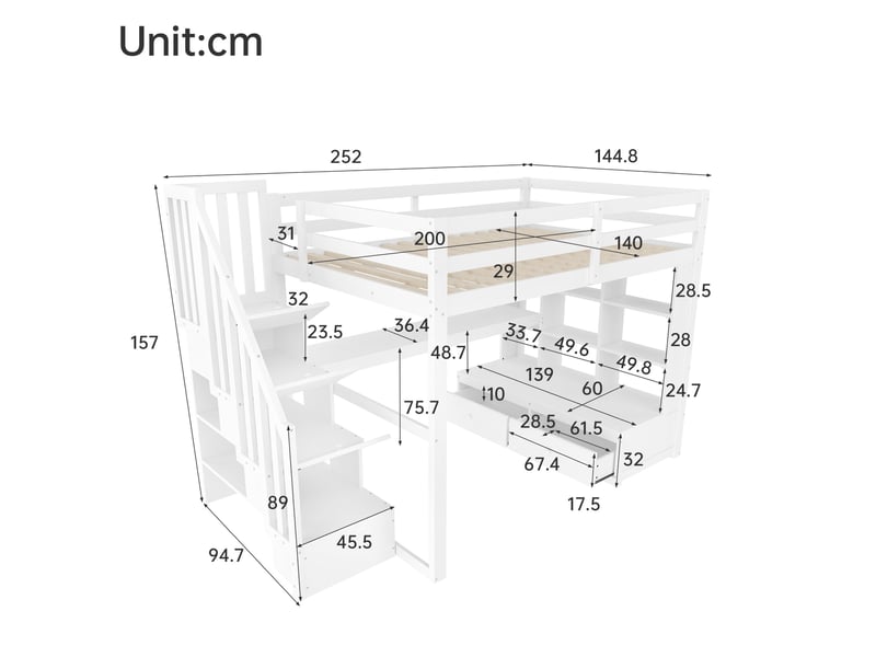  Lit mezzanine 140x200 cm avec bureau, étagères, tiroirs et escalier de rangement mdf et bois blanc matelas non inclus  - Conforama C