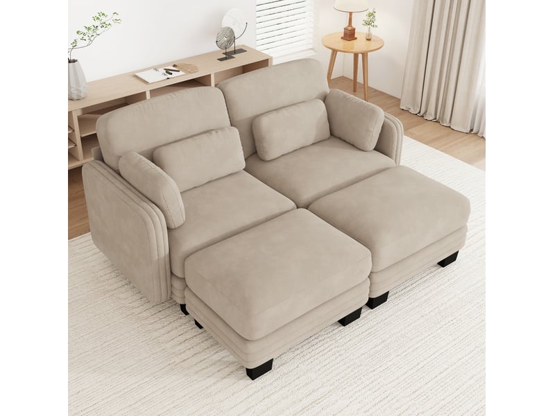 Canapé modulable 2 places 176x143x88 cm avec 2 poufs en chenille beige clair - Conforama B