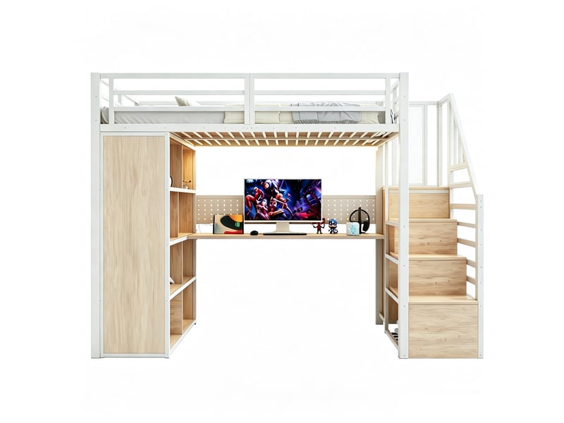  Lit mezzanine simple 90×200 cm bureau, armoire, led et rangements - sans matelas, métal et bois - blanc  - Conforama A