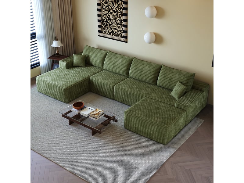 Canapé d'angle modulaire ,5 places, avec méridienne en l, assise profonde ,340 × 175 ×83cm, vert - Conforama D