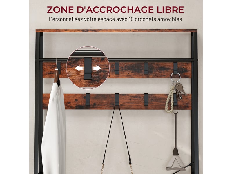 Meuble d'entrée 6 en 1 portemanteau tringle à vêtements étagère 10 crochet 2 tiroirs 80 x 30 x 180 cm brun rustique - Conforama E