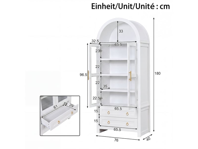  Vitrine rétro à 2 portes vitrées et 2 tiroirs, 76 x 40 x 180 cm, avec éclairage led et design arrondi, coloris blanc  - Conforama C