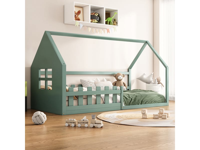 Lit cabane enfant 90 x 200 cm en pin et mdf avec sommier à lattes, vert  - Conforama E