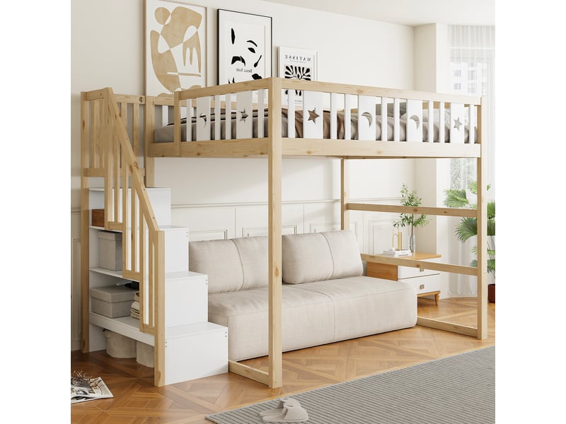  Lit superposé 140*200 cm, coloris bois naturel et blanc, échelle sûre, barrière et motifs.  - Conforama E