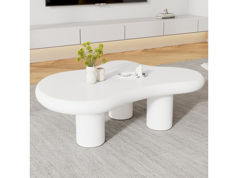  Table basse nuage blanche en mdf 97x67x32 cm, table de salon irrégulière avec patins en feutre pour salon moderne  - Conforama E