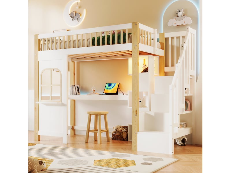  Lit mezzanine enfant 90 x 200 cm blanc et naturel avec bureau, rangements et led  - Conforama C