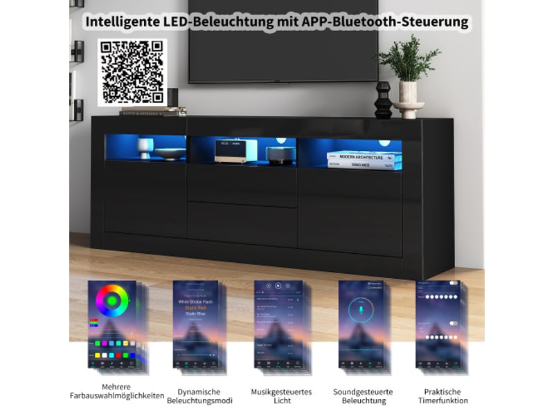  Meuble tv brillant 160*35*60cm avec éclairage led,3 compartiments ouverts,2 portes+2 tiroirs,commande via application intelligente  - Conforama E