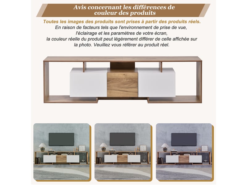  Meuble tv 180 cm bois et blanc avec 3 portes, meuble tv pour 85 pouces, profondeur 30 cm  - Conforama E